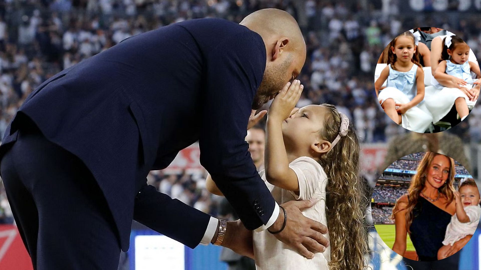 NEW YORK, NEW YORK - SEPTEMBER 09: Baseball Hall of famer Derek Jeter kisses his daughter Bella as he is honored by the New York Yankees before a game against the Tampa Bay Rays at Yankee Stadium on September 09, 2022 in the Bronx borough of New York City. (Photo by Jim McIsaac/Getty Images)