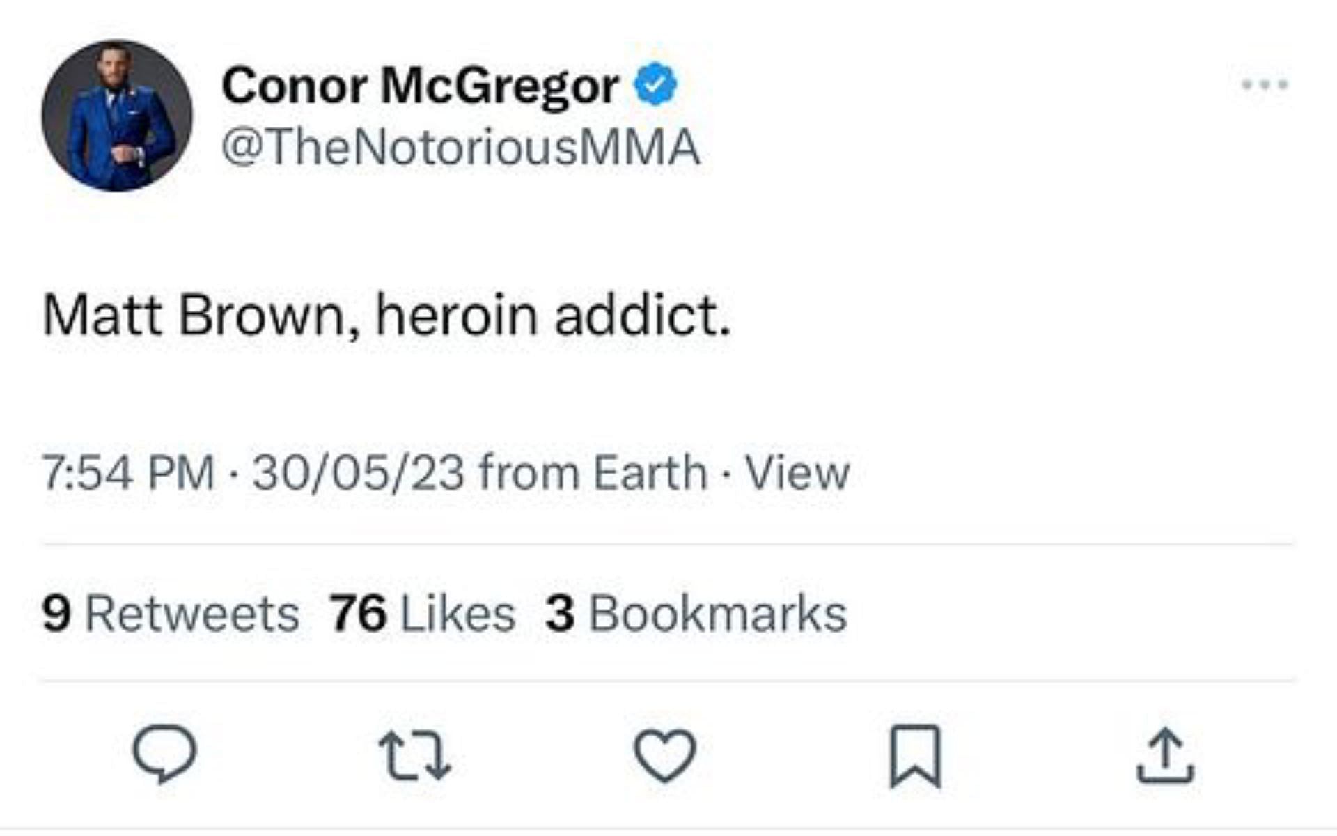 Conor McGregor&#039;s tweet on Matt Brown