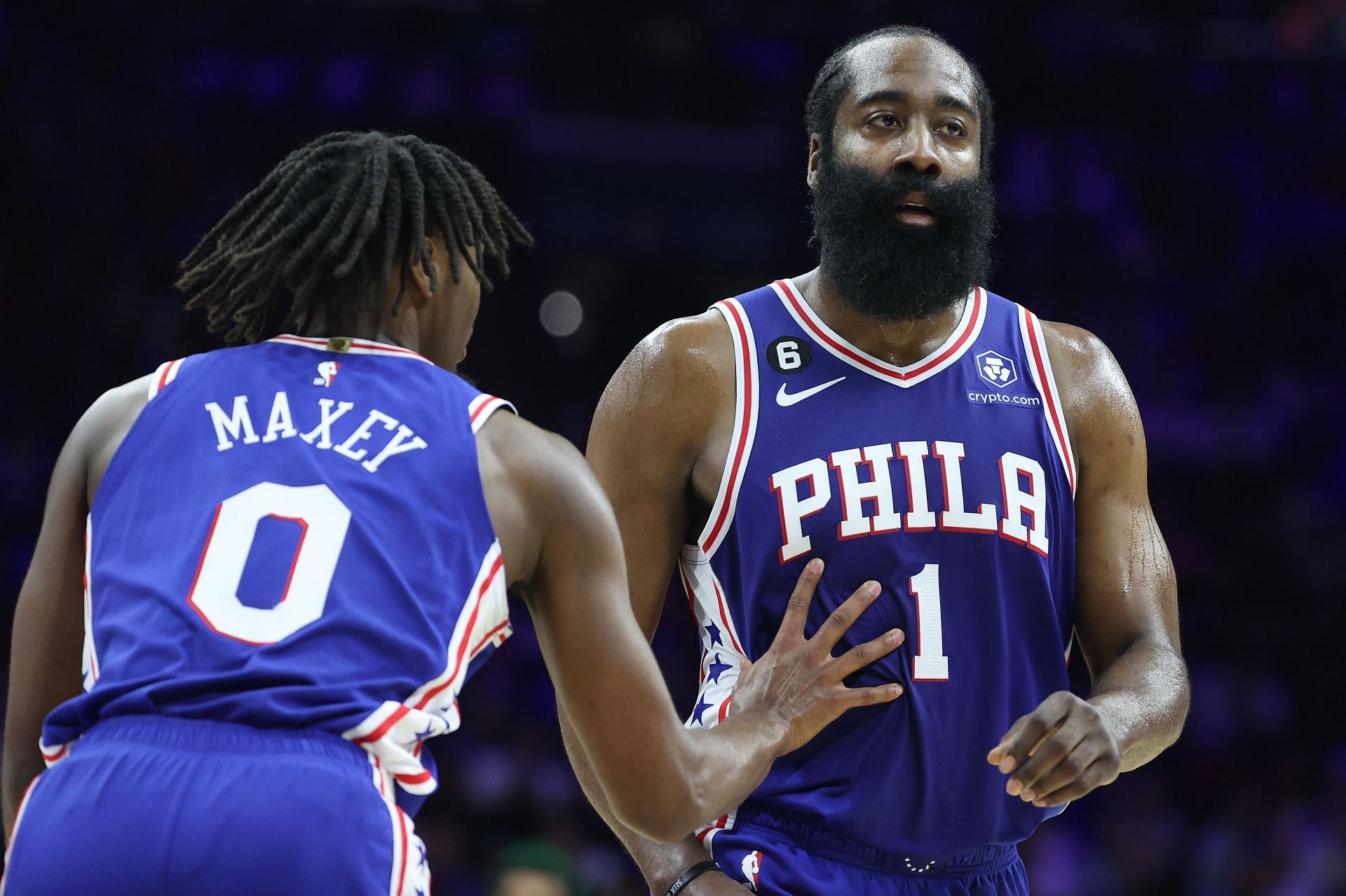 Philadelphia 76ers guards Tyrese Maxey and James Harden