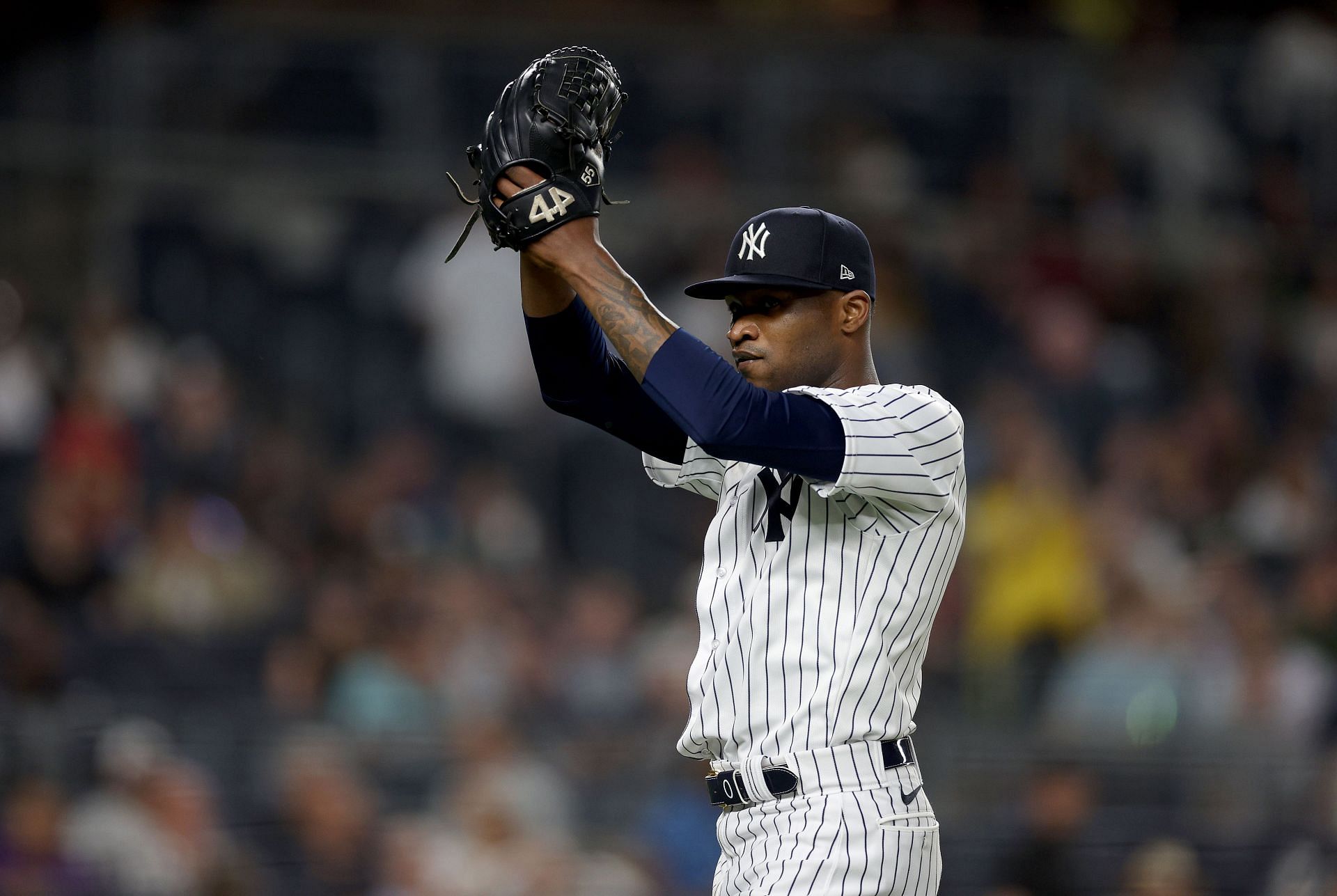 Domingo German of the New York Yankees reacts as he is pulled against the Tampa Bay Rays at Yankee Stadium