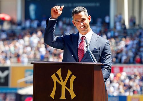 Cleveland Indians v New York Yankees: NEW YORK, NY - AUGUST 22: Former New York Yankee Jorge Posada speaks to the crowd during a ceremony retiring his number before the Yankees play against the Cleveland Indians at Yankee Stadium on August 22, 2015 in the Bronx borough of New York City. (Photo by Jim McIsaac/Getty Images)