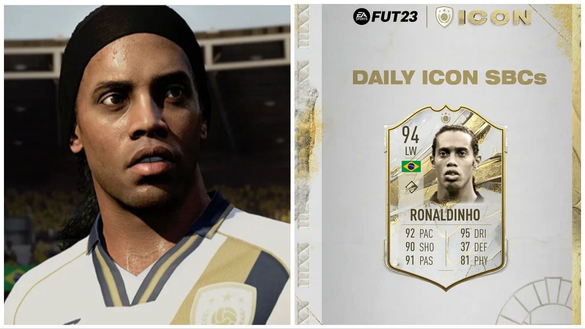 Prime Ronaldinho SBC has been leaked (Images via EA Sports and Twitter/FIFAUTeam)