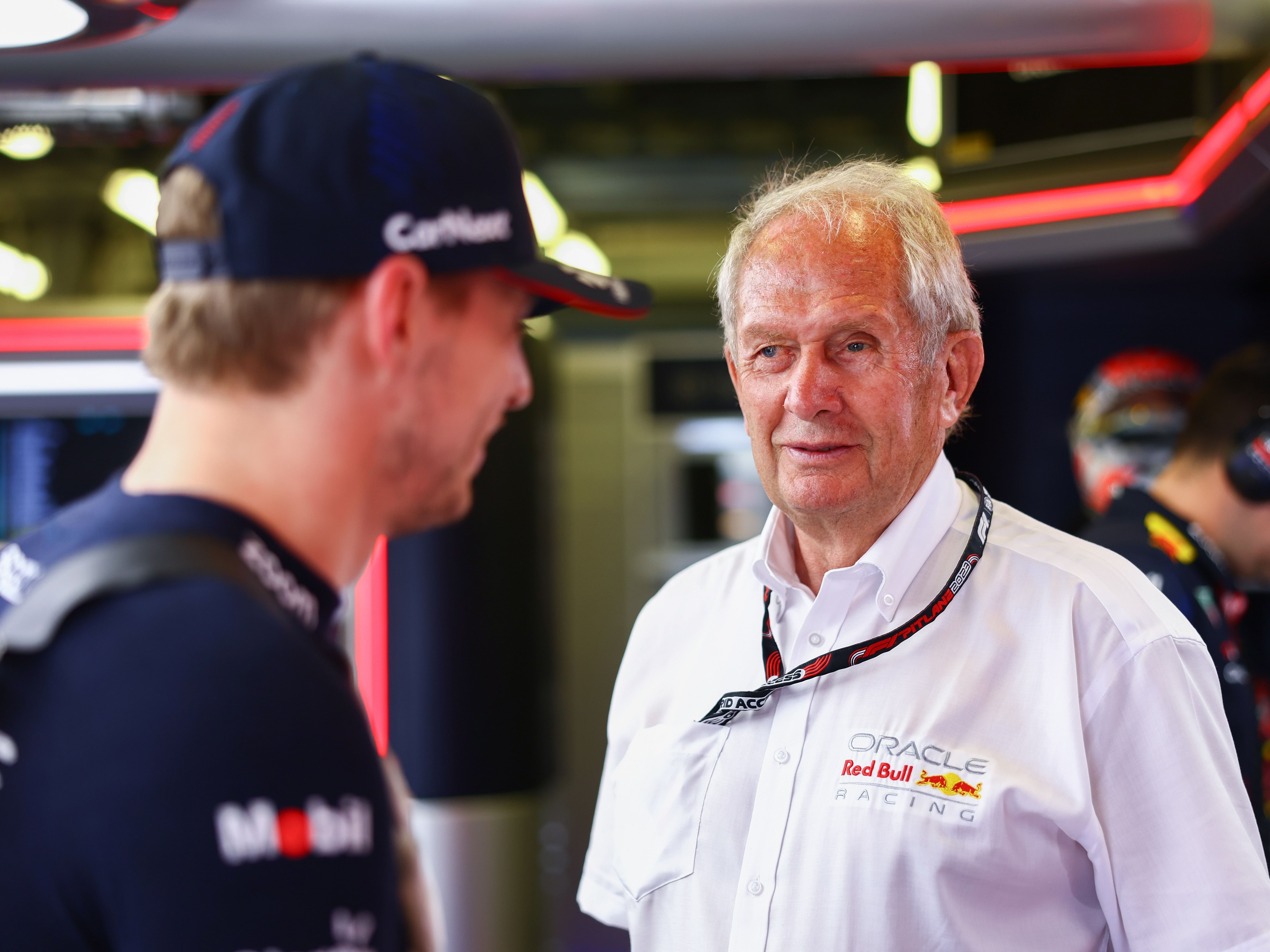 F1 Grand Prix of AzerbaijanRed Bull Racing Team Consultant Dr Helmut Marko talks with Max Verstappen in the garage prior to the 2023 F1 Azerbaijan Grand Prix. (Photo by Mark Thompson/Getty Images)