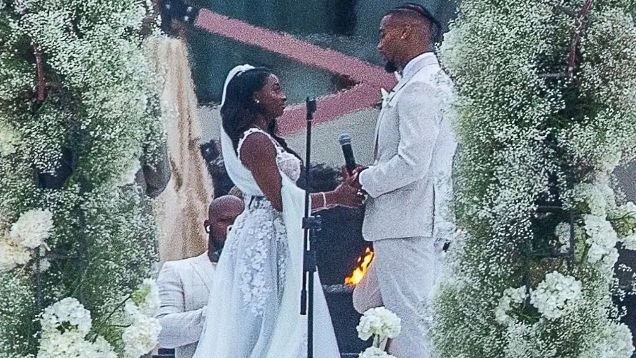 NFL safety Jonathan Owens exchanges vows with Simone Biles (via Page Six/Backgrid)