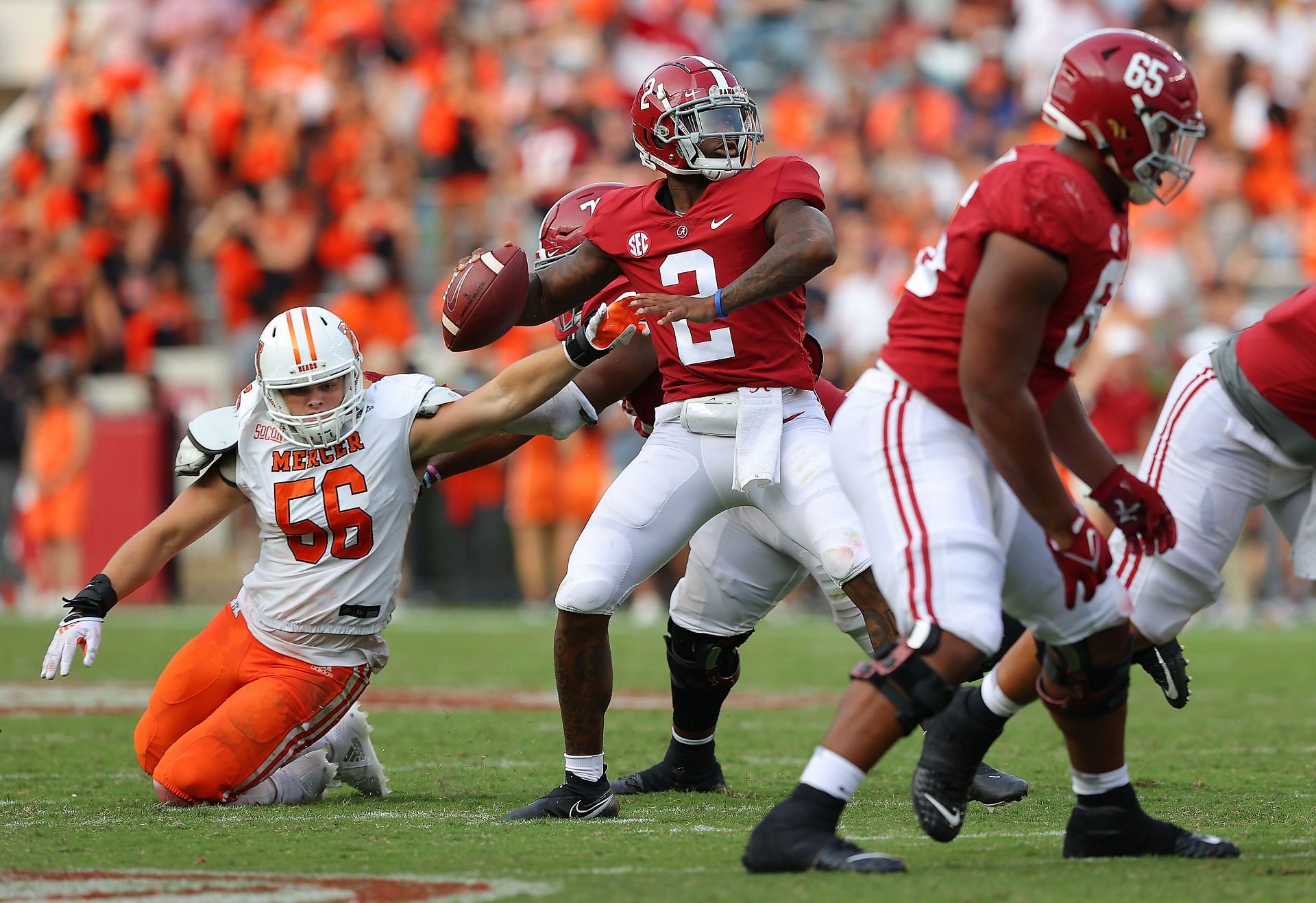 Jalen Milroe passes against Mercer. Alabama vs. Arkansas Marshall vs. Notre Dame Austin Peay vs. Alabama