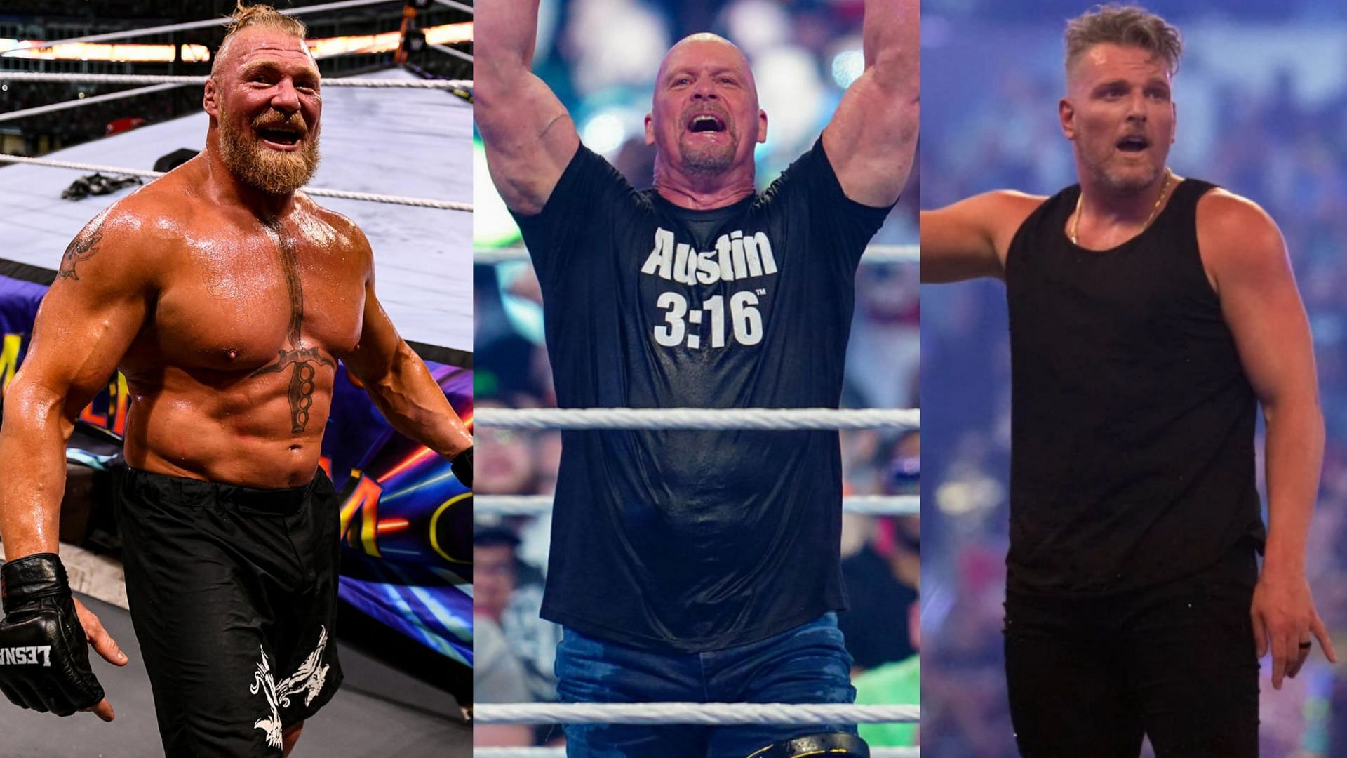 Brock Lesnar (left), WWE Hall of Famer Stone Cold Steve Austin (middle), and Pat McAfee (right)