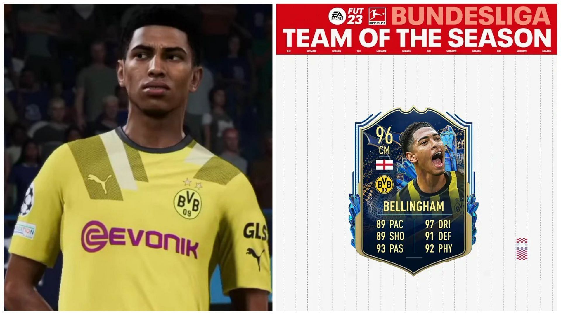 TOTS Bellingham has been leaked (Images via EA Sports and Twitter/FIFAUTeam)