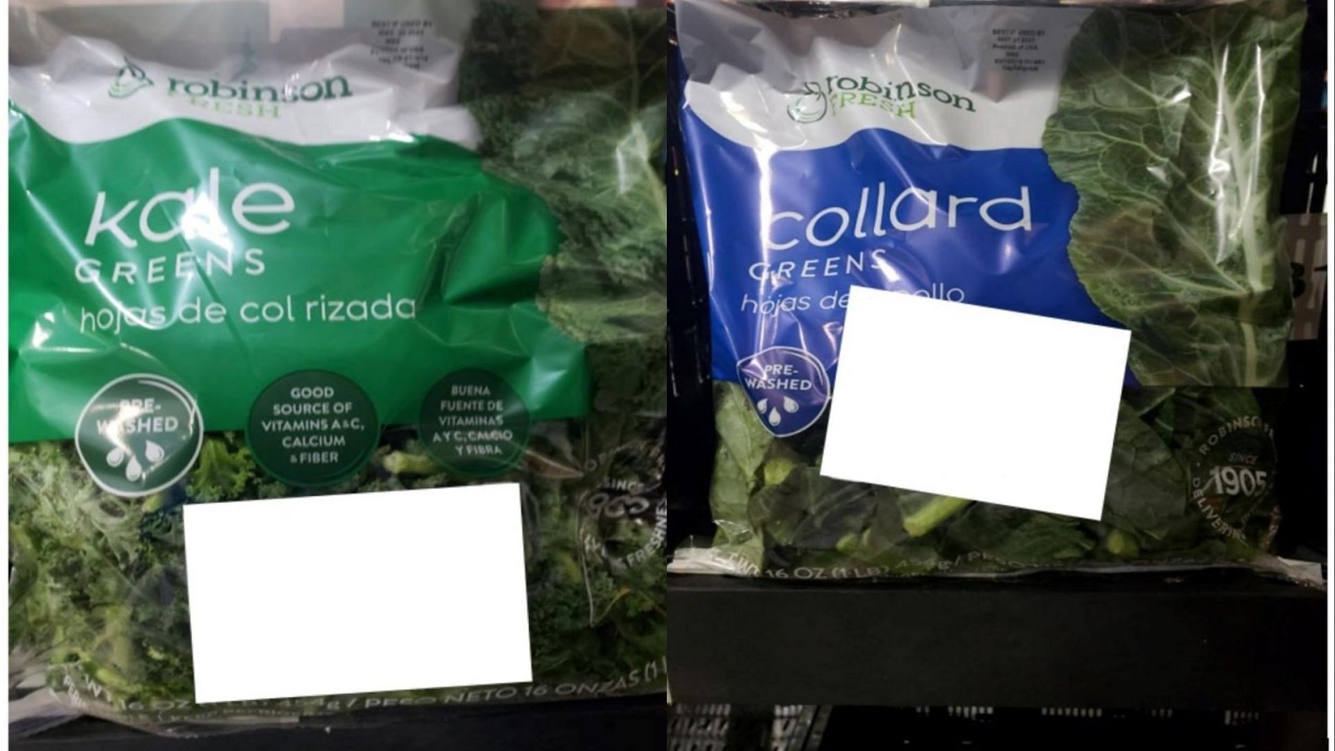 Robinson Fresh Kale Greens and Collard Greens products affected by the Lancaster Foods recall (Image via FDA)