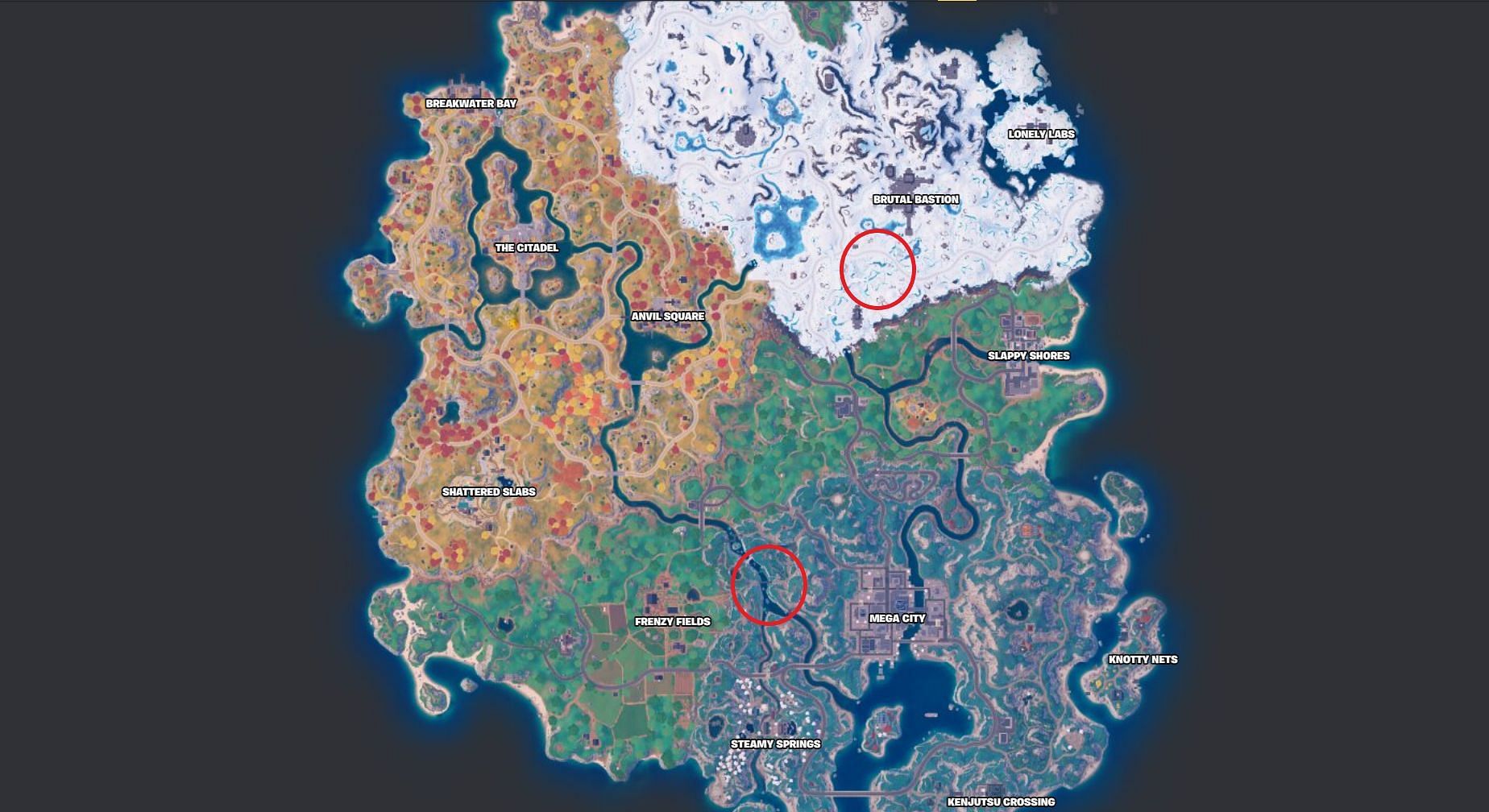 Here&#039;s where to find wind tunnels at Gusty Gorge and Windrush Ravine on the map (Image via Fortnite.GG)