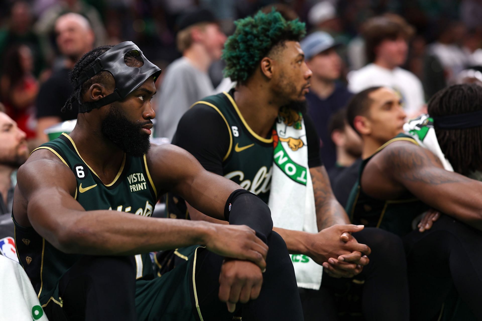 Boston Celtics star wing Jaylen Brown and Celtics guard Marcus Smart