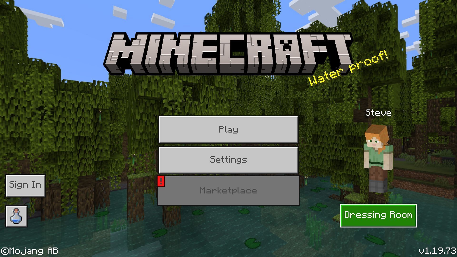 Tap on the &#039;dressing room&#039; tab on the main menu to enter the skin customization area in Minecraft Bedrock Edition (Image via Mojang)