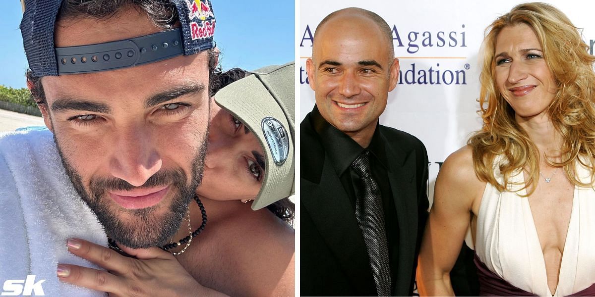 Matteo Berrettini and his girlfriend Melissa Satta (L), Andre Agassi and his wife Steffi Graf (R)