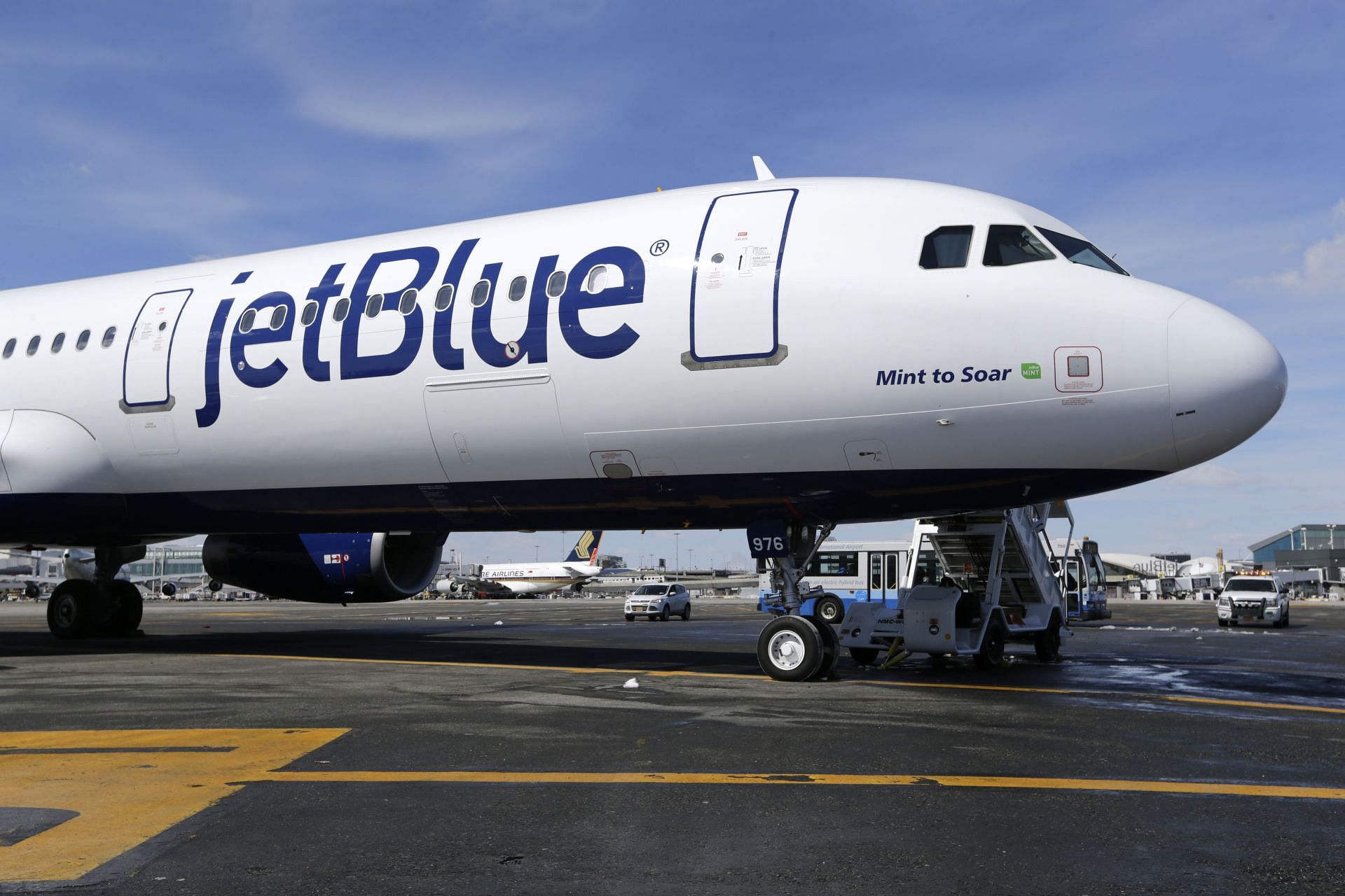 The 20-second TikTok video of the dancing cabin attendant was shot on JetBlue&#039;s flight from Newark, New Jersey, to Tampa, Florida (Image via Seth Wenig / AP Photo)