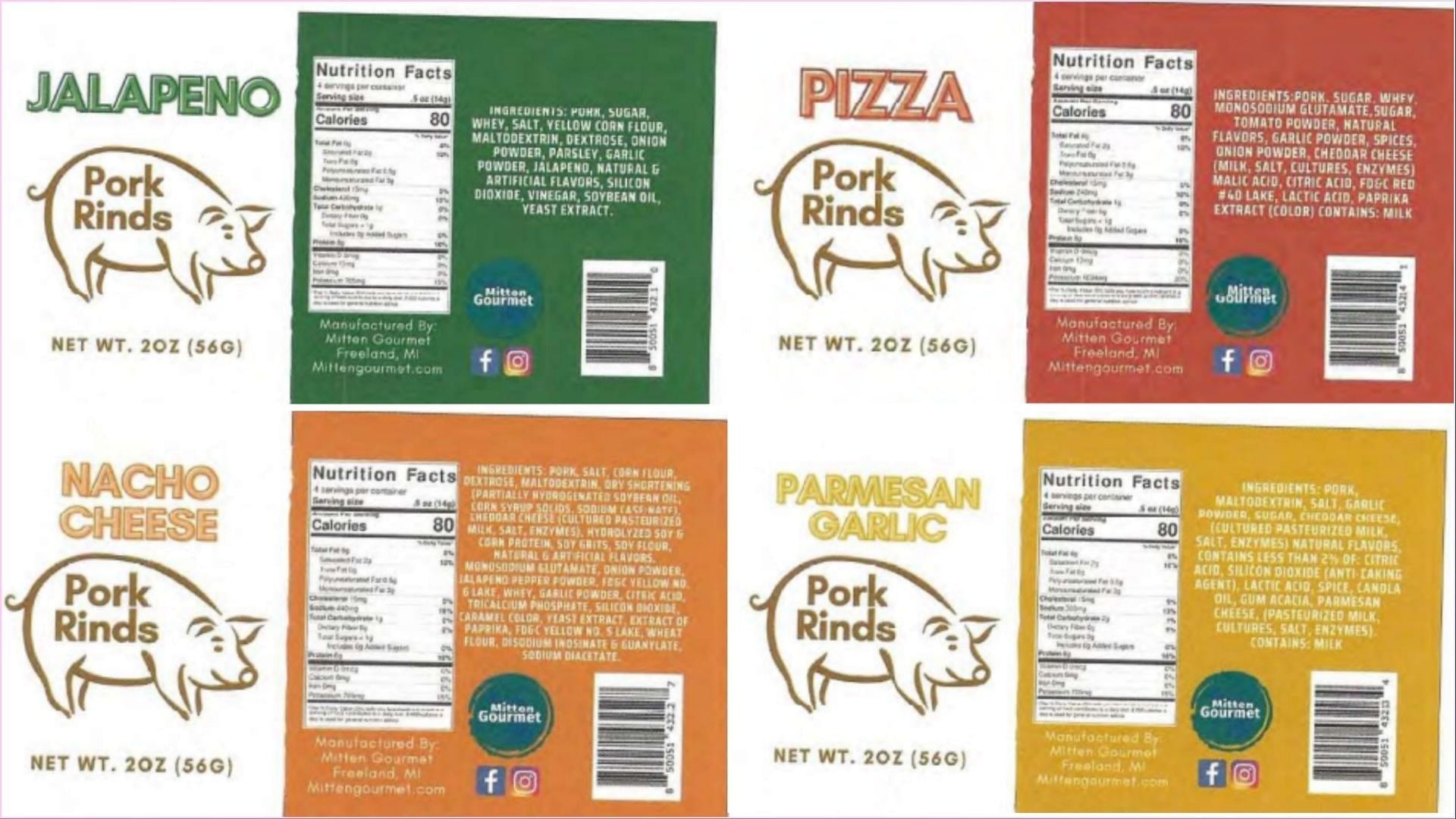 Some of the affected ready-to-eat Mitten Gourmet&#039;s Ready-to-Eat Pork Rind products (Image via FSIS)