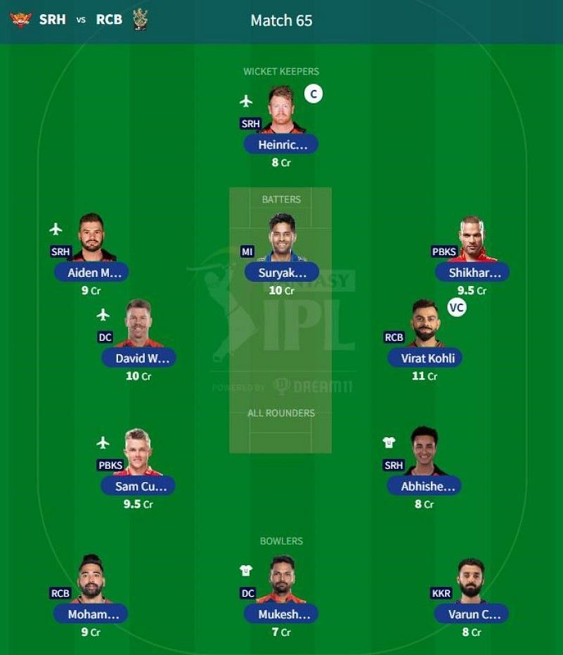 Best IPL 2023 Fantasy Team for IPL Match 65 - SRH vs RCB