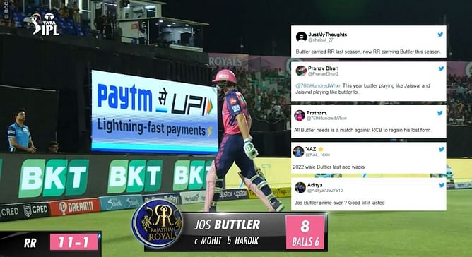 "Buttler carried RR last season, now RR carrying Buttler this season" - Fans erupt as Jos Buttler scores 8 off 6 balls vs GT in IPL 2023