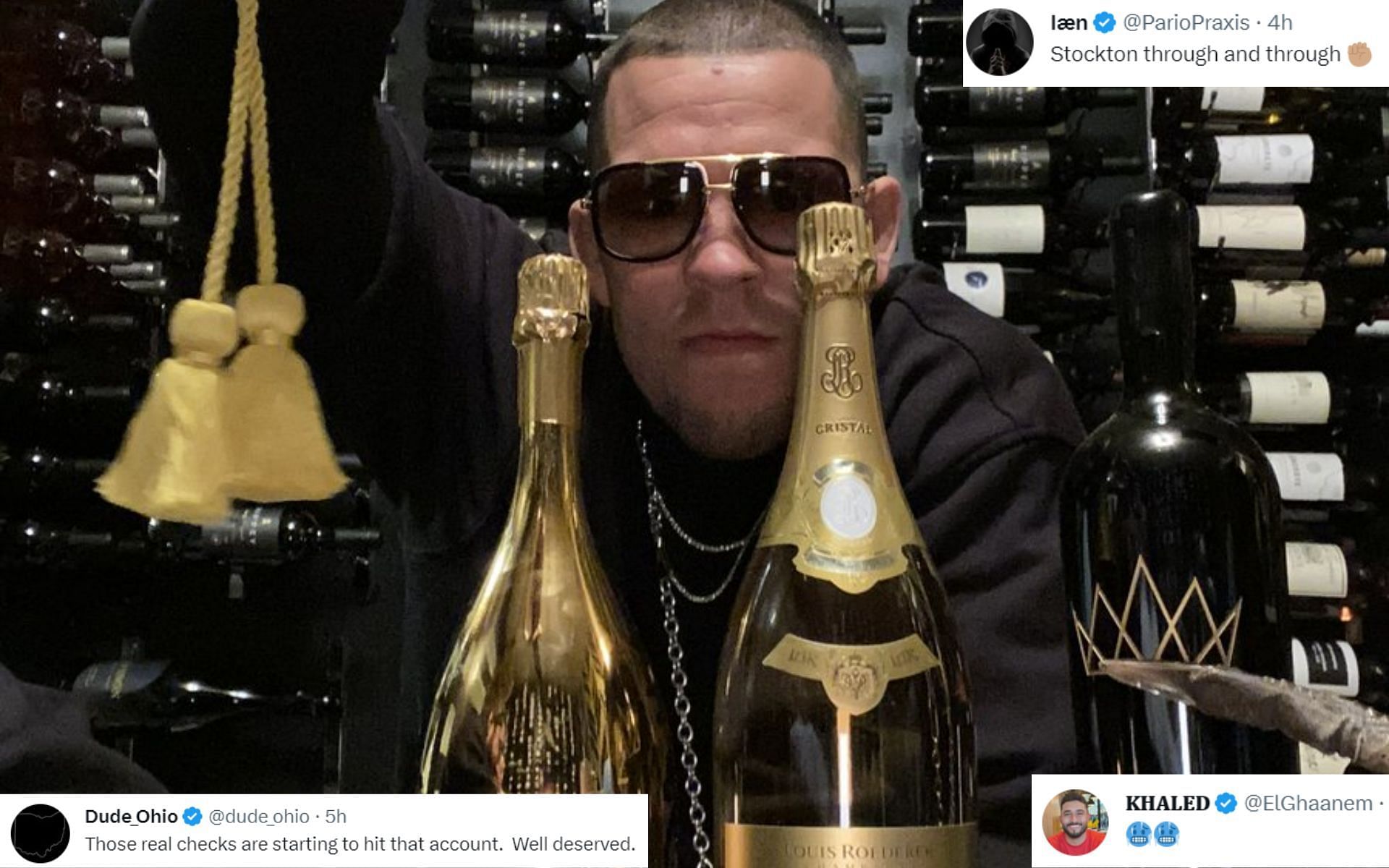 Nate Diaz posing with several high-end liquor bottles [Image Courtesy: @natediaz209 on Twitter]