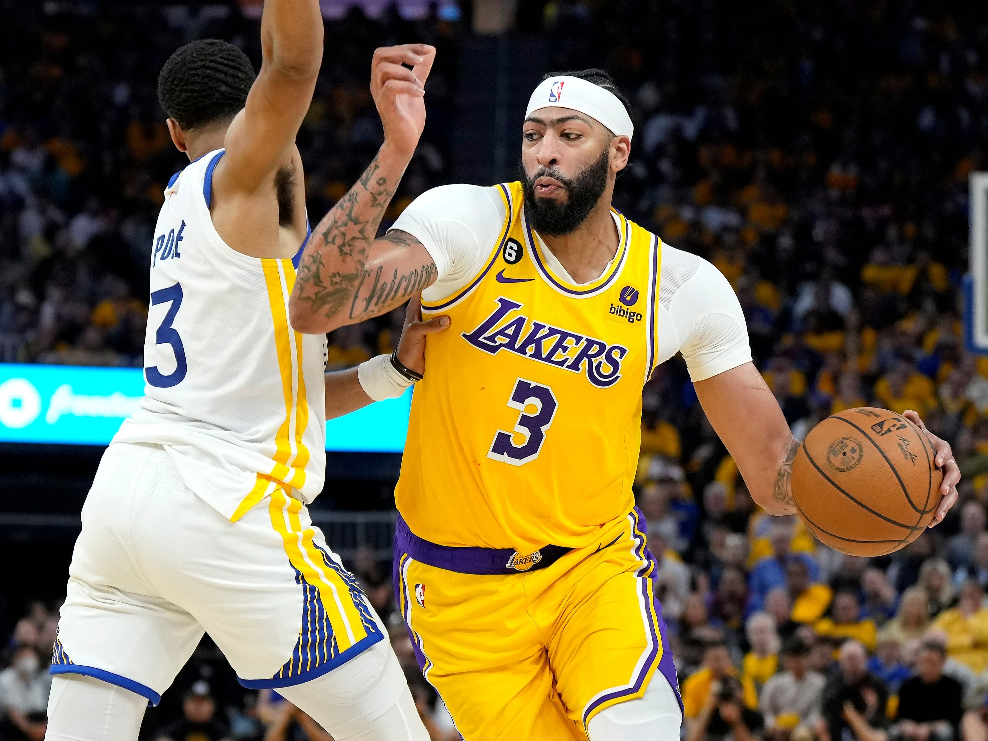 Anthony Davis in action during LA Lakers v Golden State Warriors - Game Five