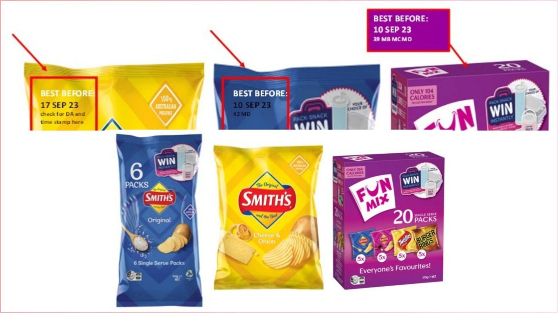 Instructions on where to find the best before dates on the affected Smith&#039;s Original, and Cheese and Onion chip packets (Image via Food Standards Australia &amp; New Zealand)