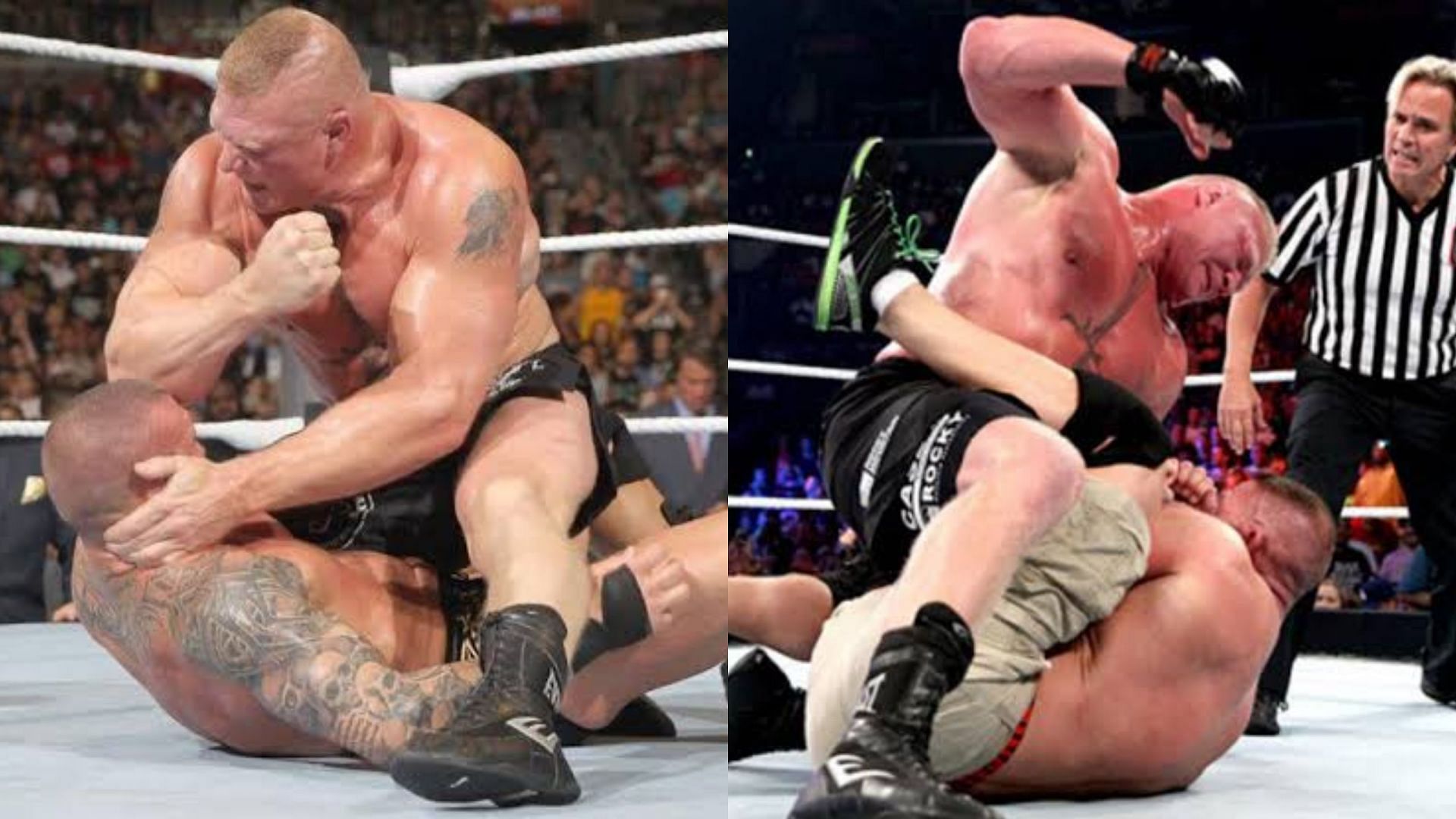 Brock Lesnar unleashing on Randy Orton (L); on John Cena (R).