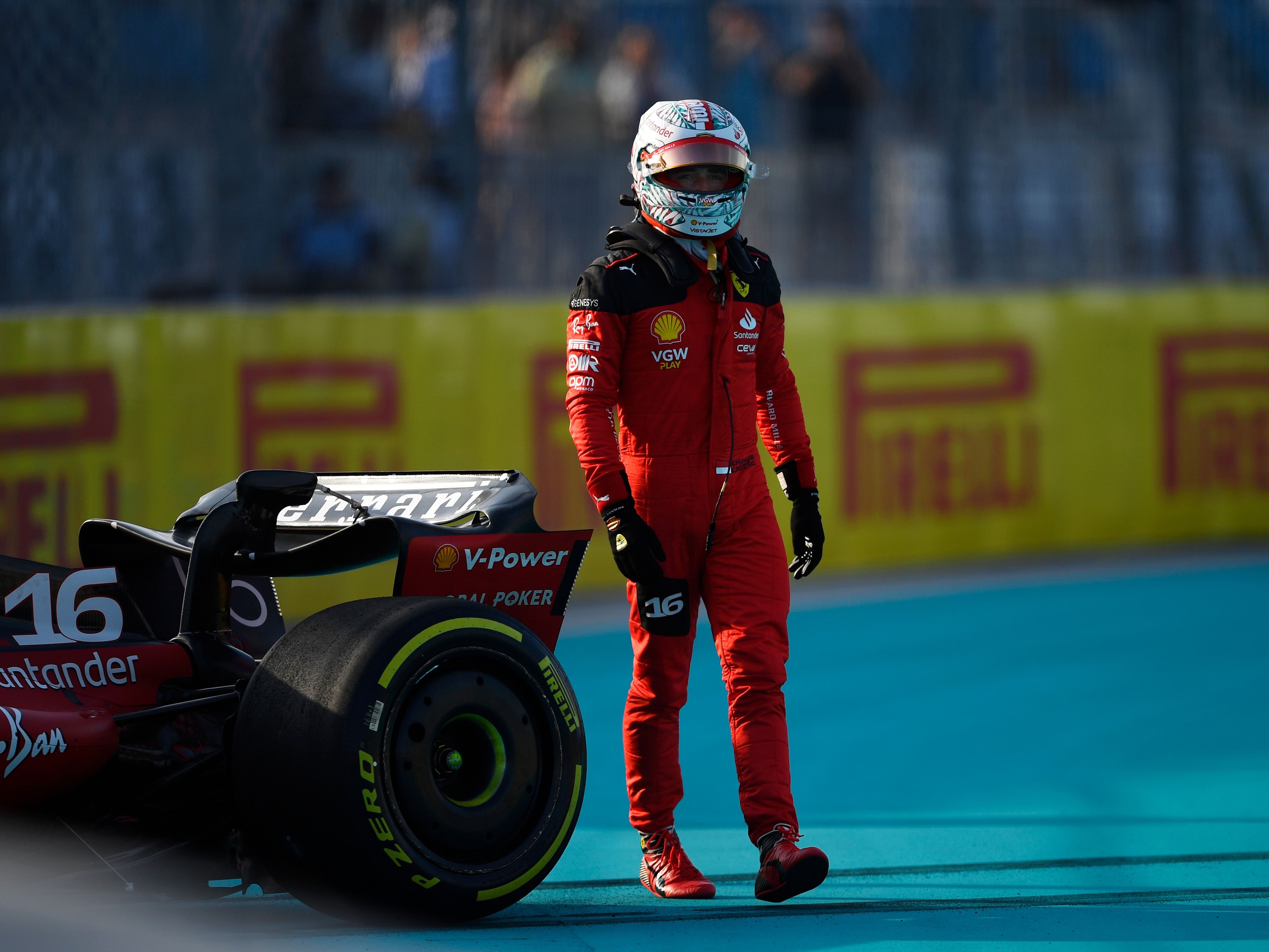 Charles Leclerc walks from his car after crashing during practice ahead of the 2023 F1 Miami Grand Prix. (Photo by Rudy Carezzevoli/Getty Images)