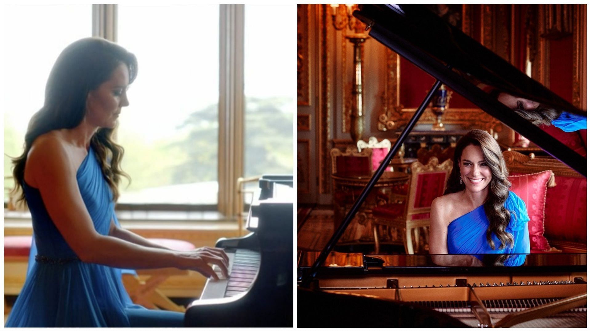 Kate Middleton playing the grand piano in the halls of the Windsor castle ( Image via Twitter/@scottygb &amp; @xboobsrita )