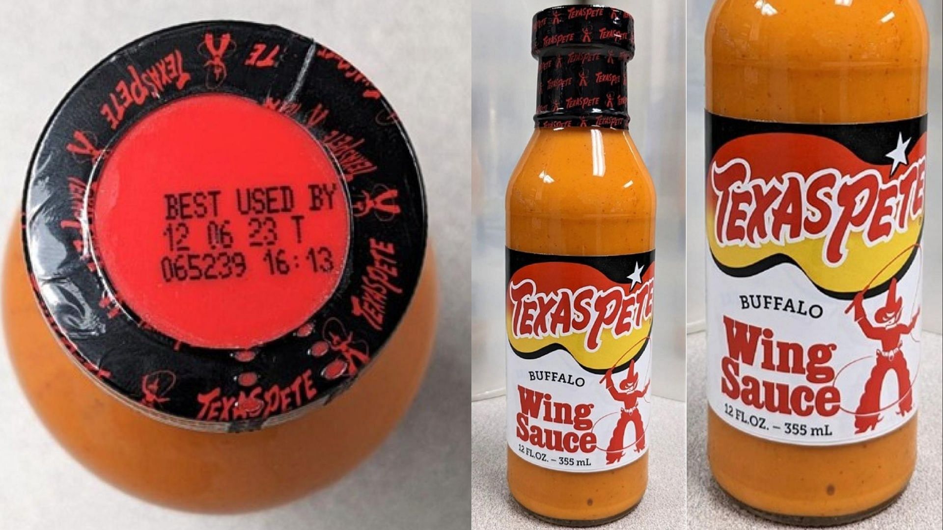 Texas Pete&reg; Extra Mild Wing Sauce containing soy may have been mistakenly packed in Texas Pete Buffalo Wing Sauce bottles causing an undeclared soy allergen problem (Image via FDA)