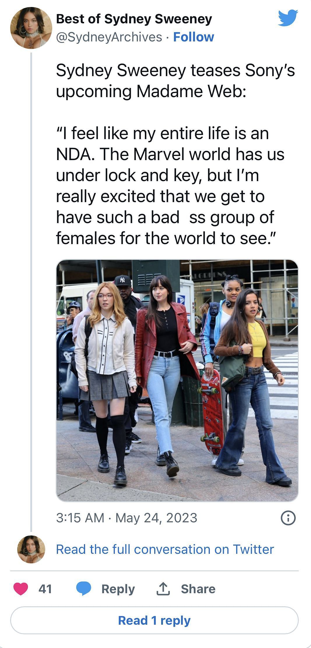 Sydney Sweeney shares her excitement for her Marvel debut and the empowering female heroes she will be working with (Image via Best of Sydney Sweeney&#039;s Twitter)