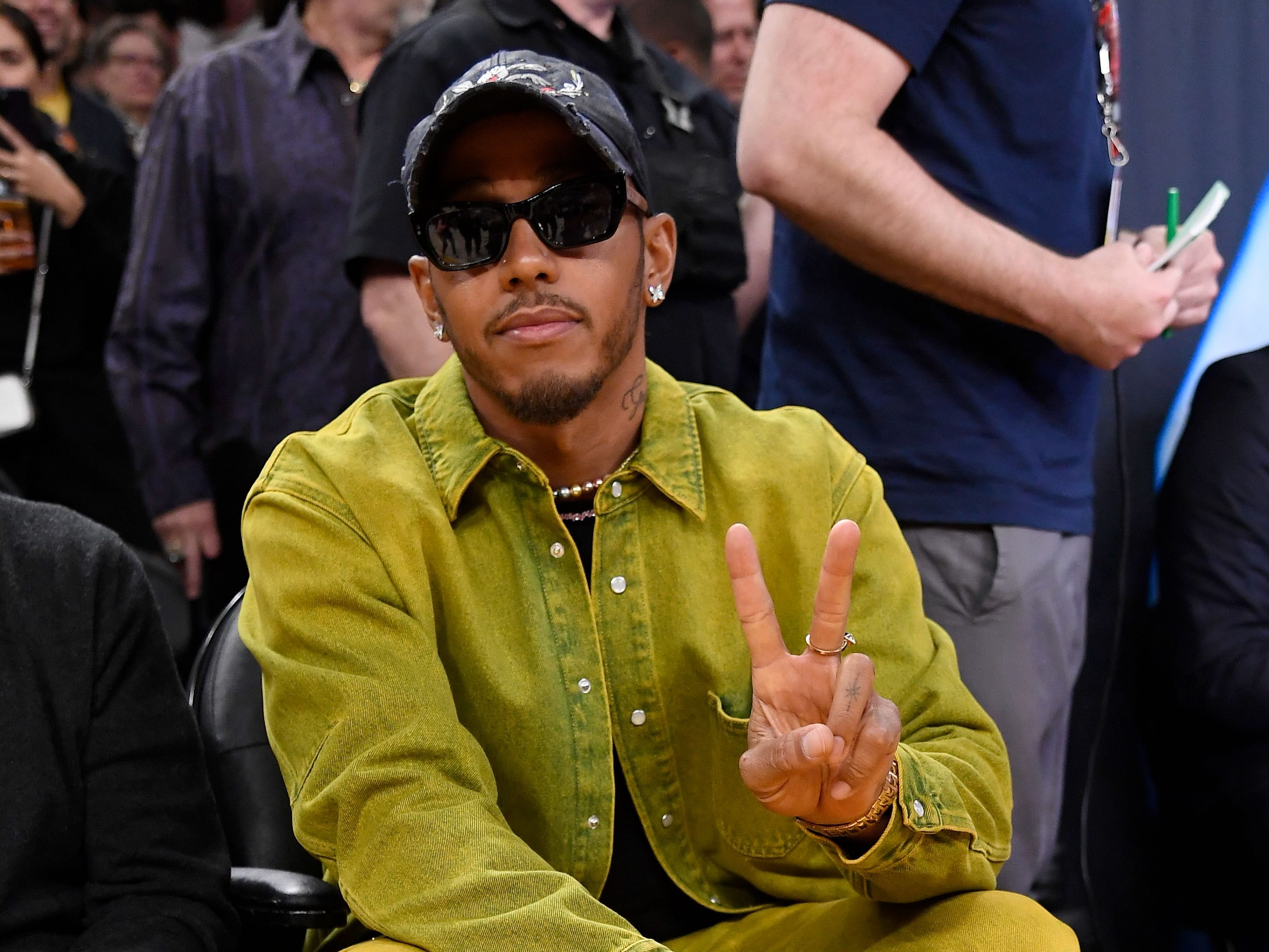 Lewis Hamilton attends the Los Angeles Lakers and Golden State Warriors game. (Photo by Kevork Djansezian/Getty Images)