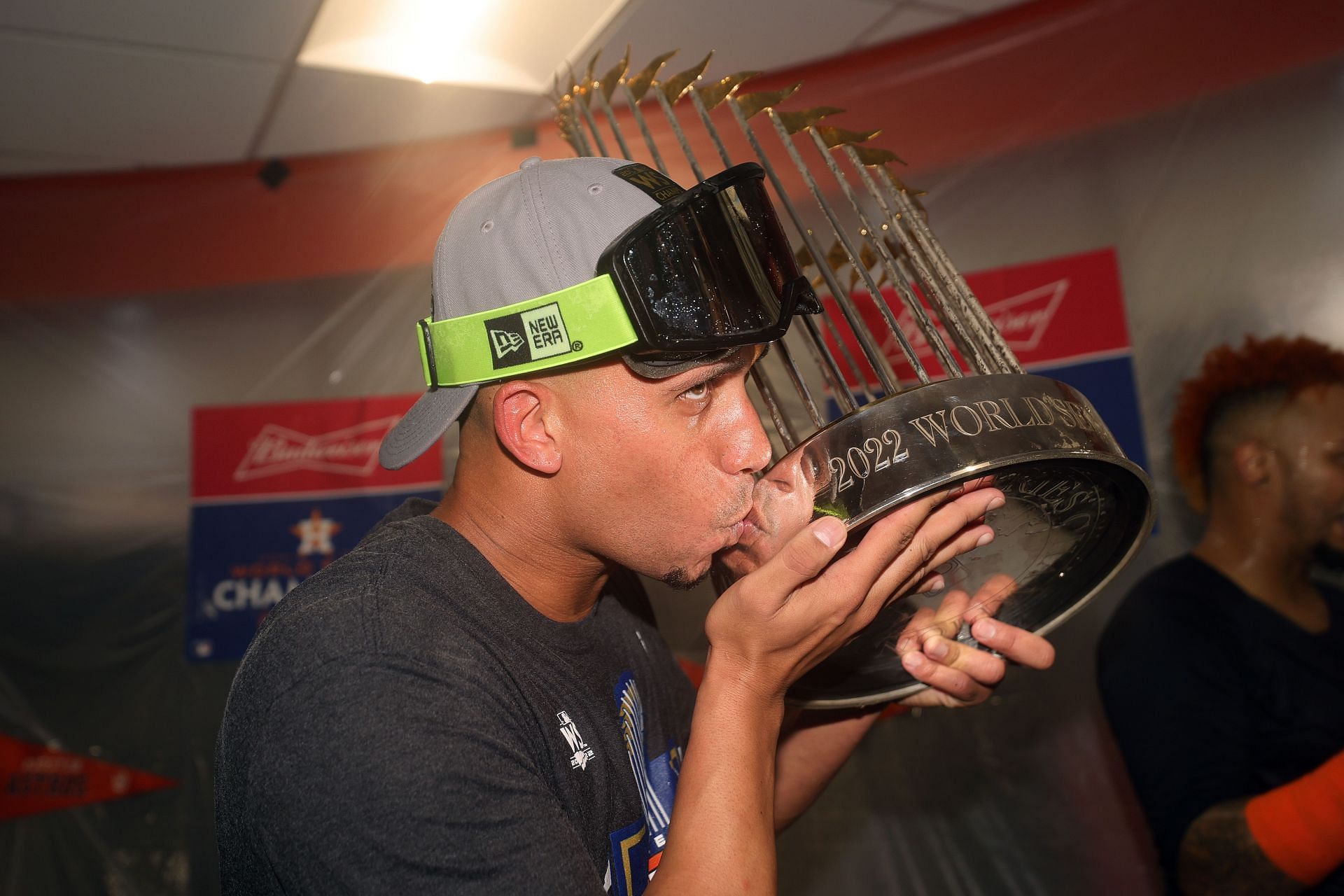 Michael Brantley of the Houston Astros celebrates winning the 2022 World Series.