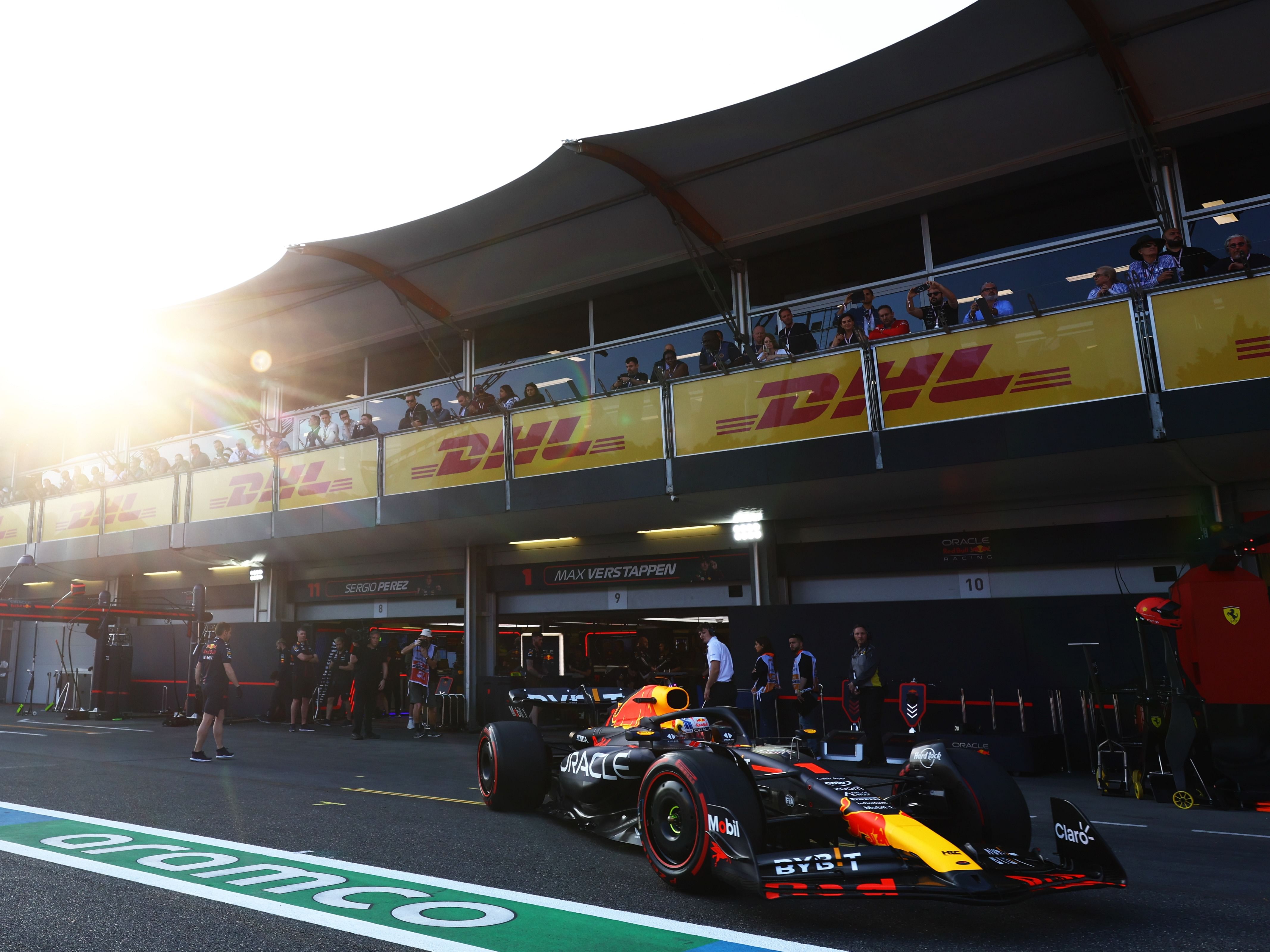 Max Verstappen (1) in the pitlane during qualifying ahead of the 2023 F1 Azerbaijan Grand Prix. (Photo by Mark Thompson/Getty Images)