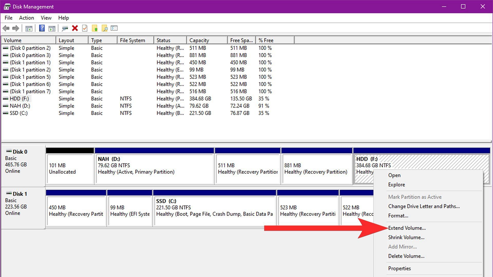 Press right-click on a partition and select Extend Volume (Image via Sportskeeda)