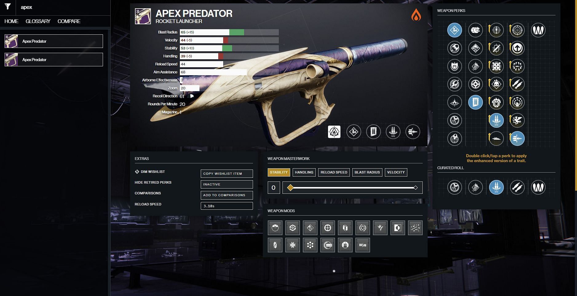 Apex Predator Rocket Launcher PvE god roll (Image via D2Gunsmith)