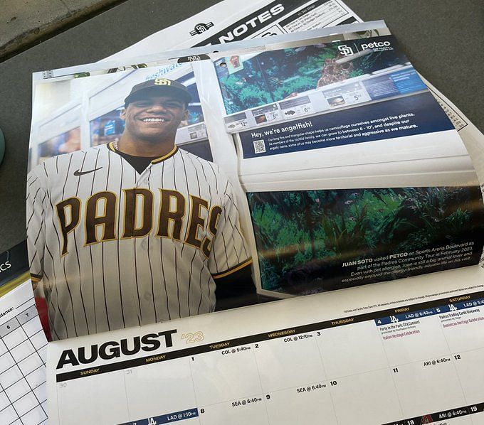 Padres calendar handed out at Dodgers game features Juan Soto with fish at  Petco