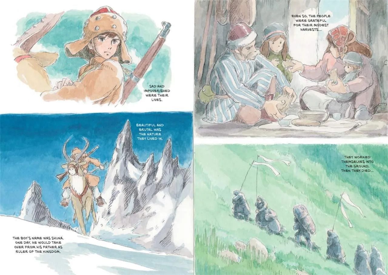 Illustrations from Hayao Miyazaki&#039;s Shuna&#039;s Journey manga (Image via Macmillan Publsihers)