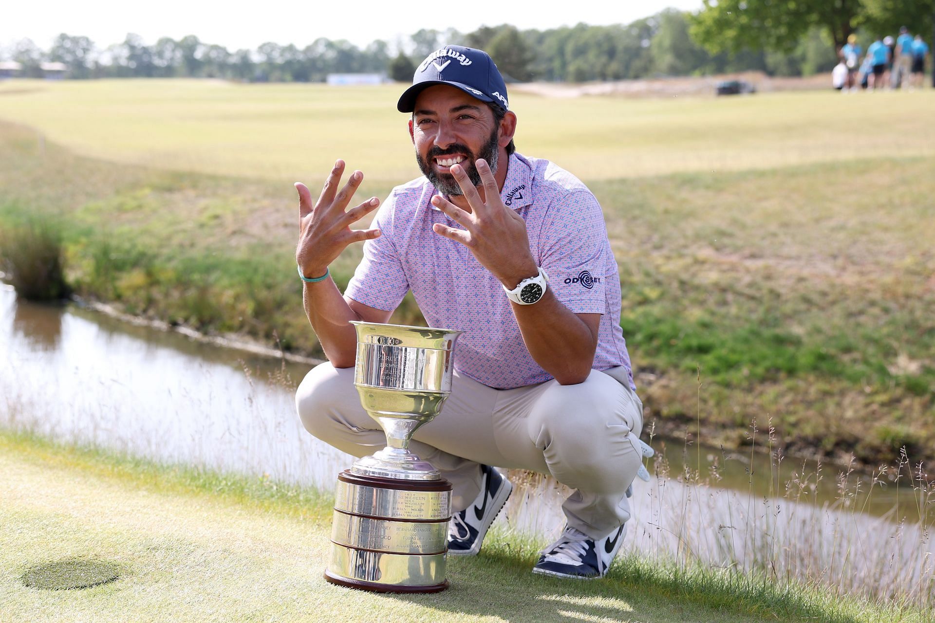 Pablo Larrazabal with the 2023 KLM Open winner&#039;s trophy (Image via Getty).