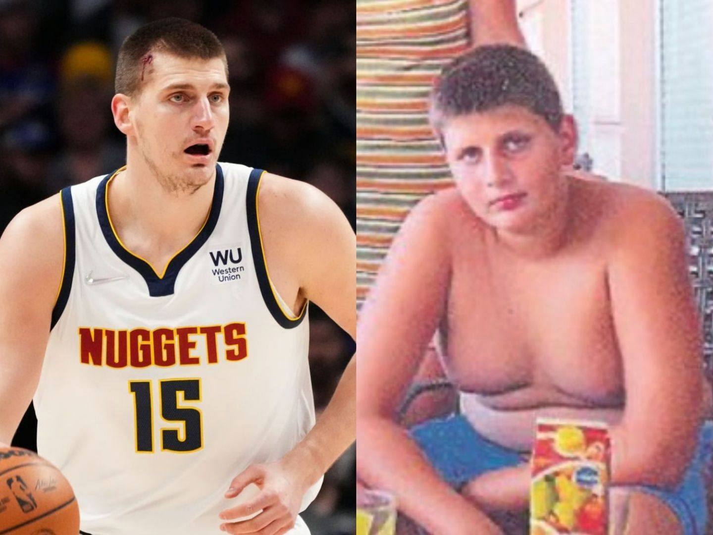 Nikola Jokic of the Denver Nuggets and his childhood picture. 