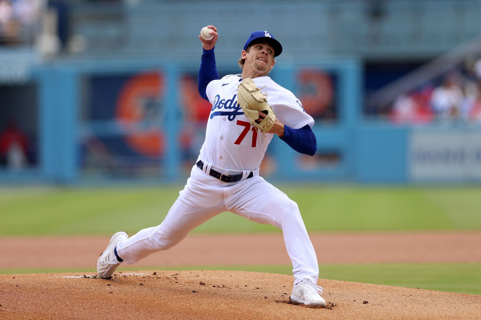 Gavin Stone #71 of the Los Angeles Dodgers pitches against the Philadelphia Phillies
