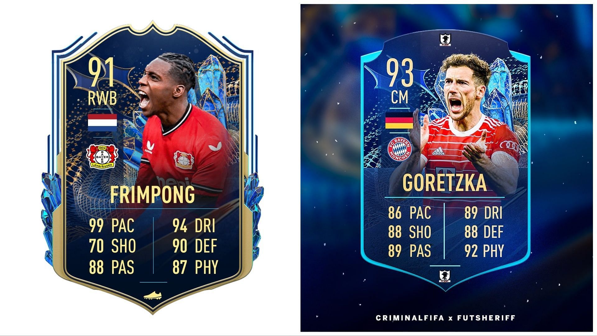 TOTS Frimpong and TOTS Moments Goretzka have been leaked (Images via Twitter/FIFA23Leaked_ and Twitter/FUT Sheriff)