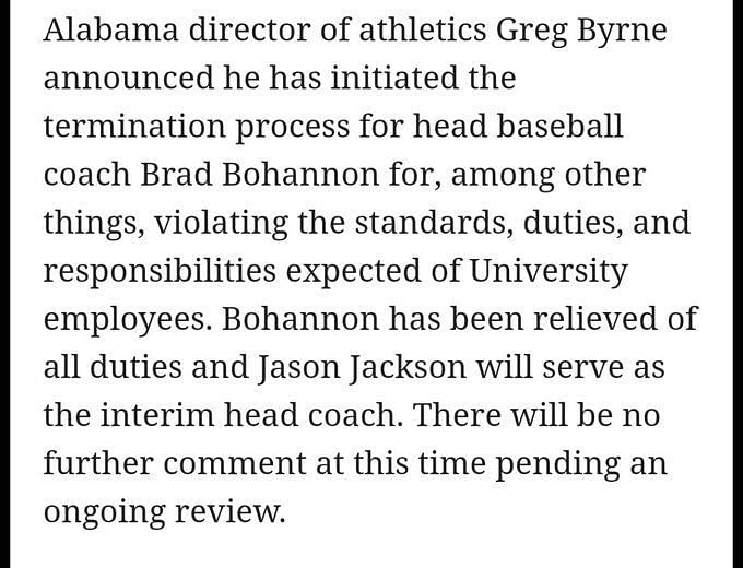 Alabama firing baseball coach Brad Bohannon amid betting probe