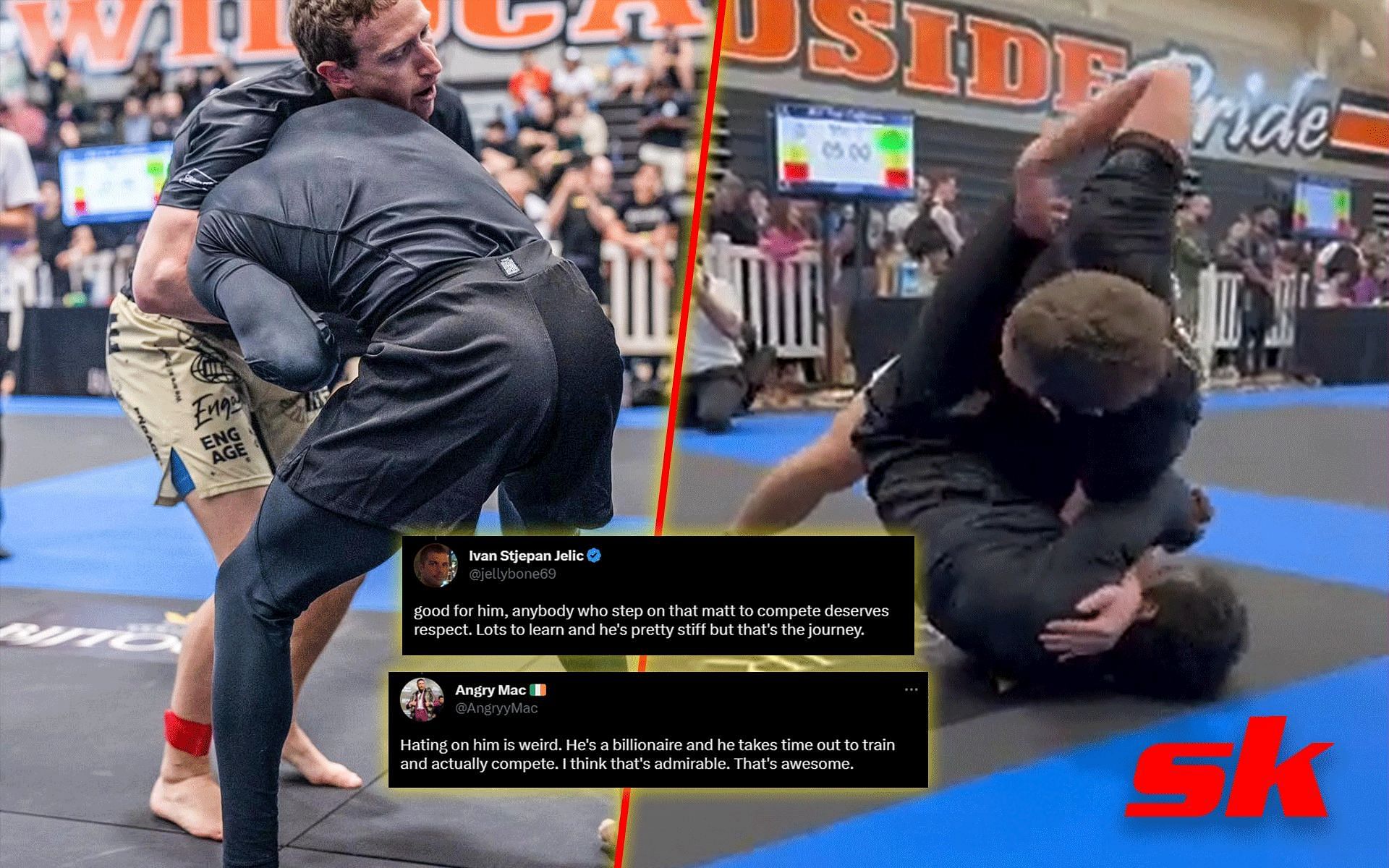 Mark Zuckerberg competing in a BJJ tournament. [Images courtesy: left image from Instagram @zuck and right image from Twitter @BloodyElbow]