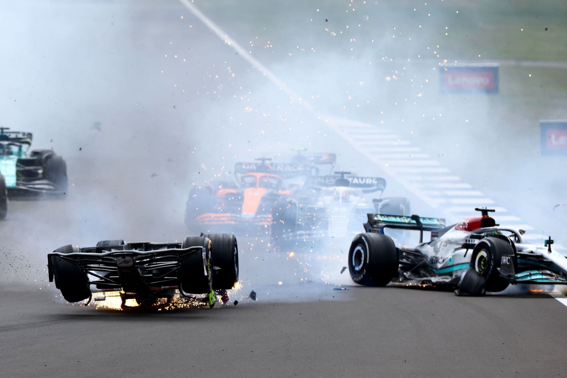 Guanyu&#039;s flipped-over car at the 2022 British GP(Photo by Mark Thompson/Getty Images)