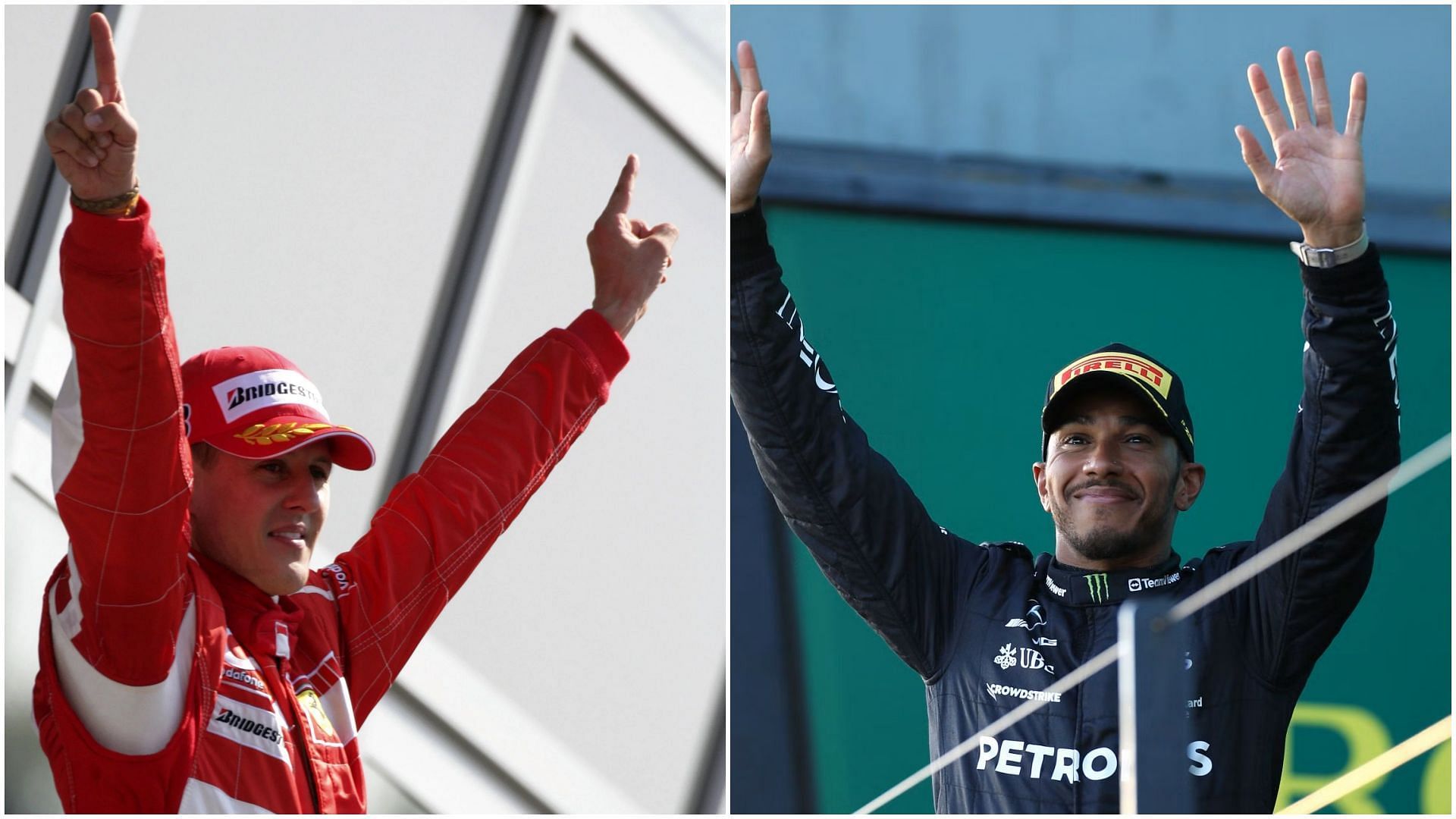 Michael Schumacher (L) and Lewis Hamilton (R) (Collage via Sportskeeda)