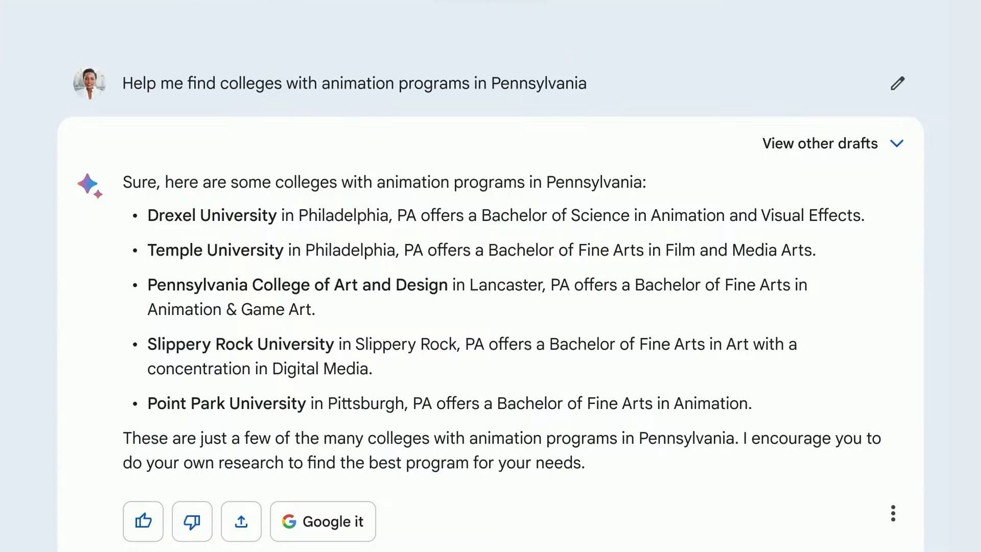 Bard AI has shortlisted the best universities offering a degree in animation in Pennsylvania (Image via Google)