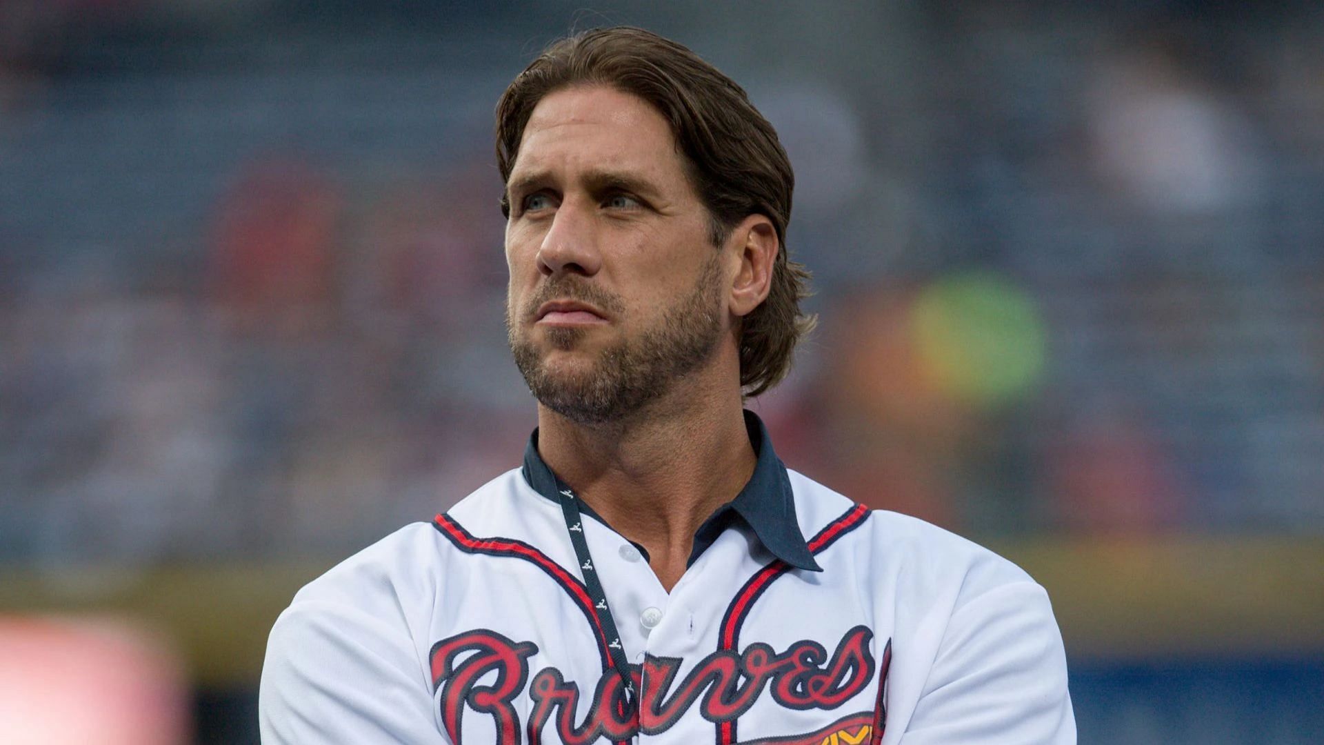 Former Braves player John Rocker participates in a pre-game ceremony honoring many Braves alumni players prior the game against the Washington Nationals at Turner Field on August 8, 2014 in Atlanta, Georgia. (Photo by Kevin Liles/Getty Images)