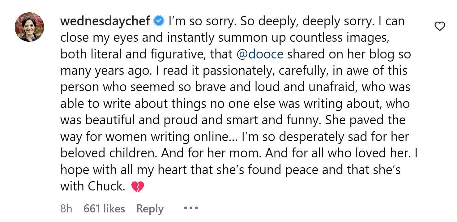 A comment paying tribute to Heather (Image via Instagram /@wednesdaychef)