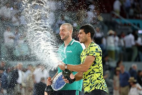 Alcaraz flanked by Struff Mutua Madrid Open - Day Fourteen