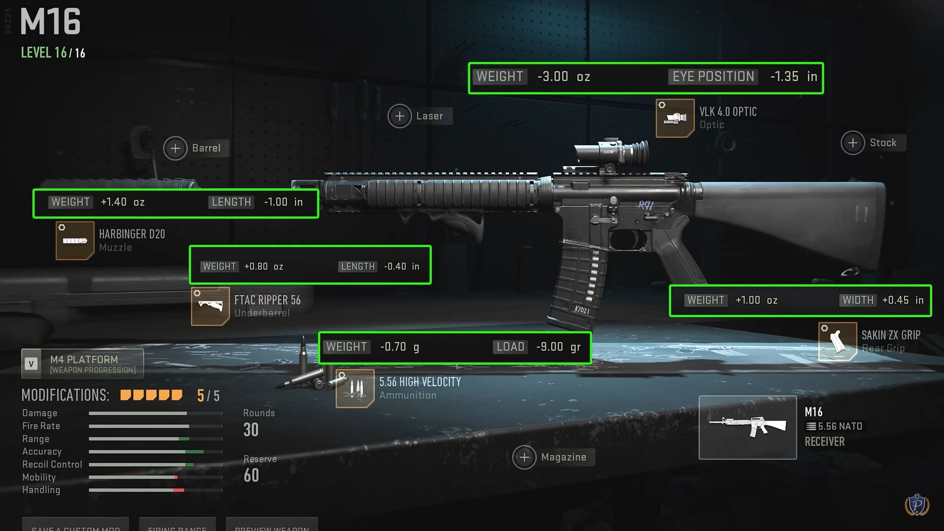 Tuning for M16 long-range loadout (Image via Activision and YouTube/P4wnyhof)