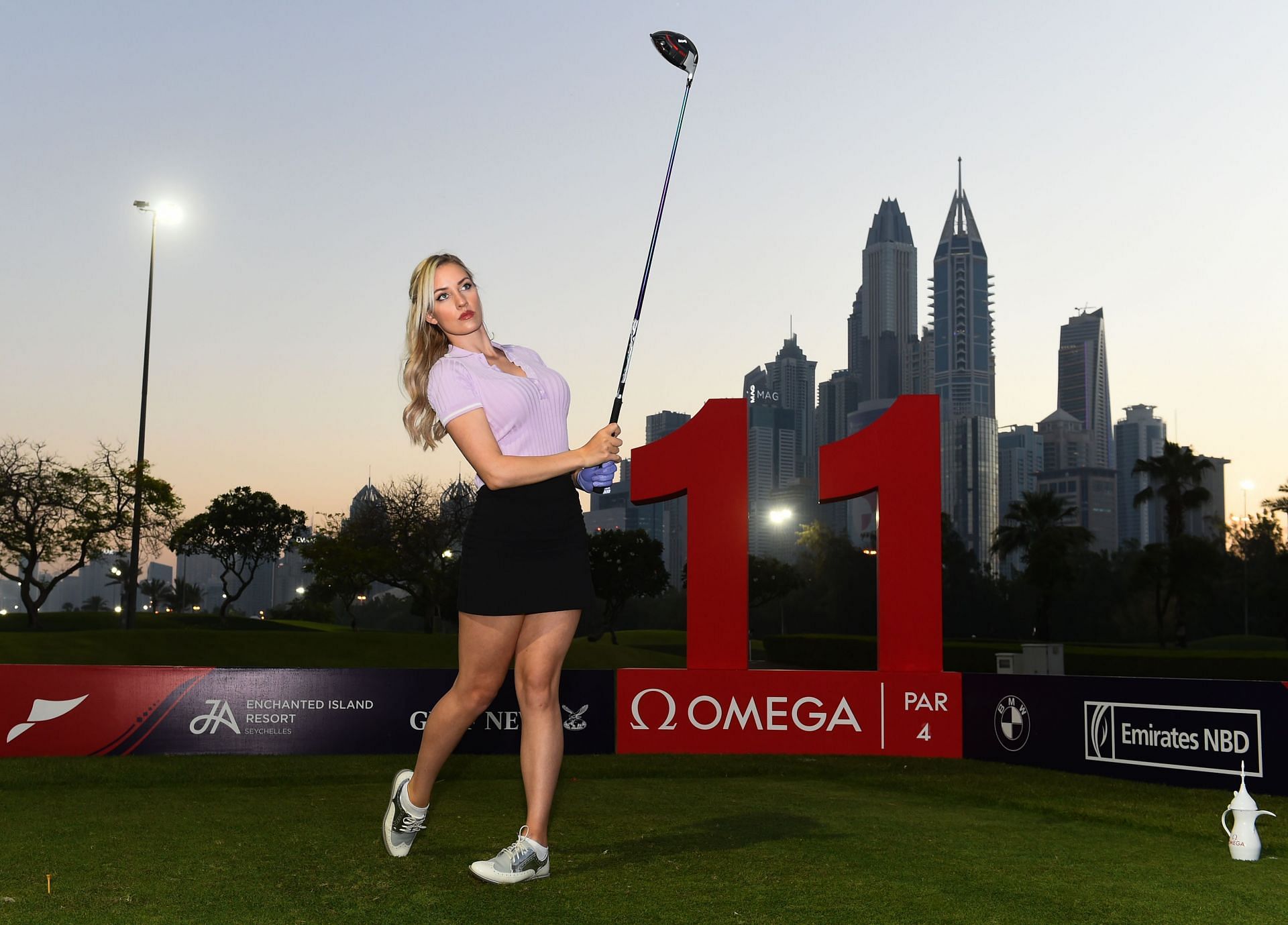 Paige Spiranac of the United States poses for photographs on Day One of the Omega Dubai Moonlight Classic at Emirates Golf Club on May 01, 2019, in Dubai, United Arab Emirates. (Photo by Tom Dulat/Getty Images)