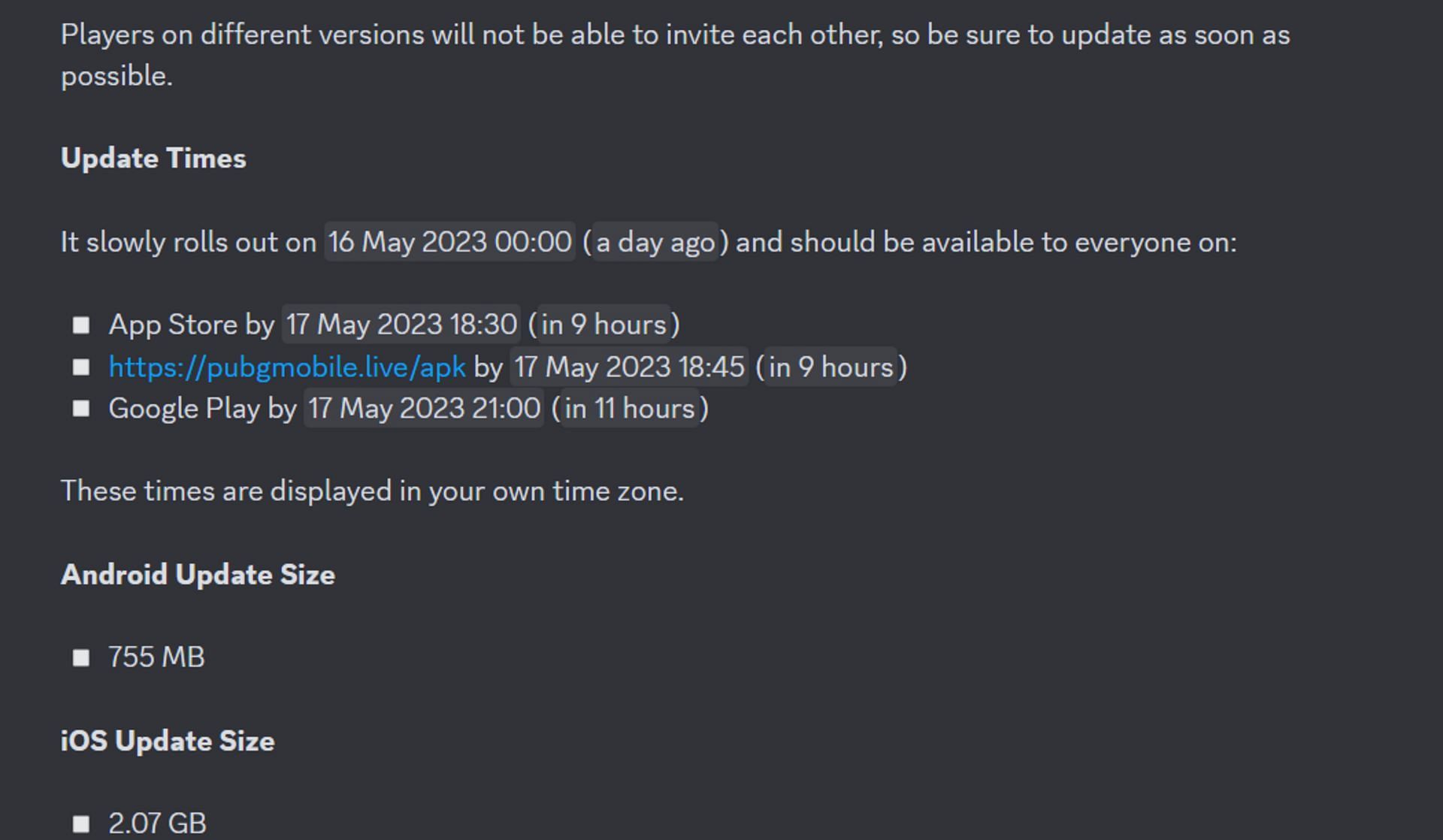 Update schedule and file size (Image via Discord/PUBG Mobile)